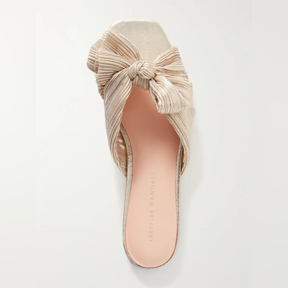 Loeffler Randall Daphne bow-embellished plissé-lamé slidesa in Gold - Size 10